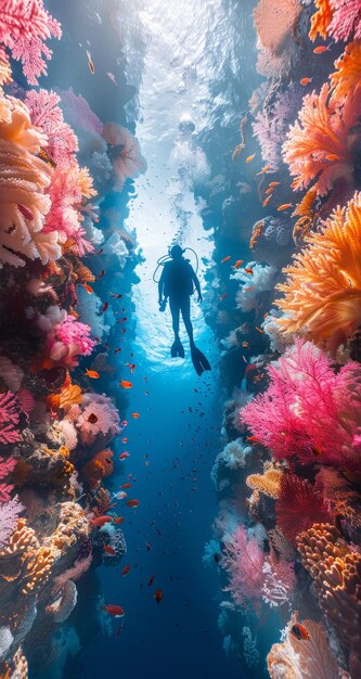 A scuba diver swims underwater against the backdrop of beautiful living flora and fauna of the ocean photorealistic photograph of the underwater sea