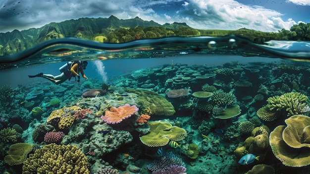 Водолаз плавает под водой в пещере, наполненной прекрасной флорой и фауной, множеством рыб и коралловых рифов, морской подводной жизнью.