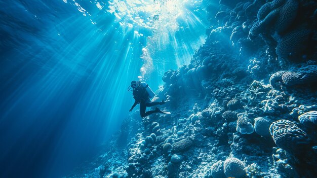스쿠버 다이버는 아름다운 동식물과 동물로 가득 찬 동굴 안에서 물 에서 수영합니다. 많은 물고기와 산호초.