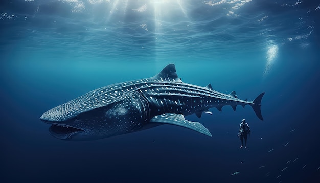 A scuba diver swims next to a whale shark in Mexico