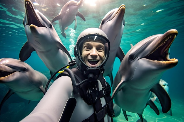 Foto subacqueo che si fa un selfie con un gruppo di delfini concetto di protezione ambientale