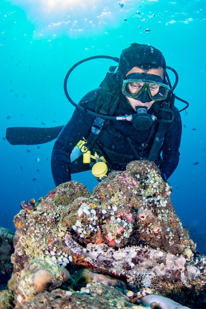 海の石の魚の近くの水中のスキューバ ダイバー