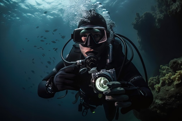 Фото Аквалангист с камерой в руке, запечатлевший подводную красоту, созданную с помощью генеративного искусственного интеллекта