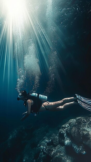 Foto una donna subacquea che nuota nel mare sottomarino