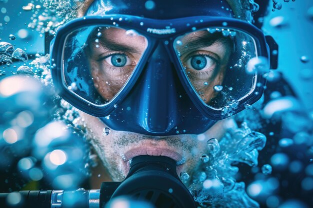 写真 スキューバダイバー  激しい目光 青い水域の水中冒険