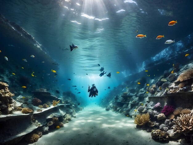 Scuba divers navigate a tunnel beneath the ocean surrounded by fish and other fascinating