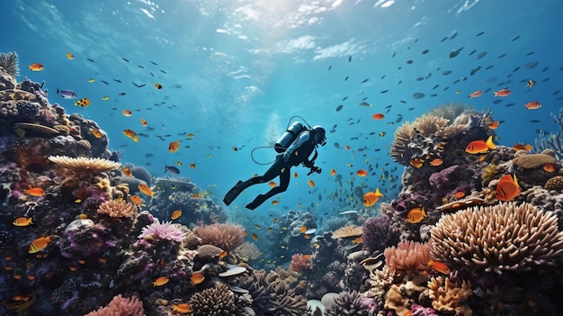 Scuba divers Scuba diving over corals in the coral reef