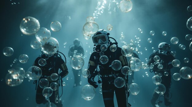 Photo scuba divers in the water with bubbles