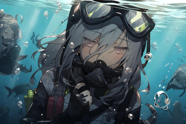 Scuba diving anime girl in a suit with a mask on her head