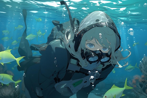 Scuba diving anime girl in a suit with a mask on her head