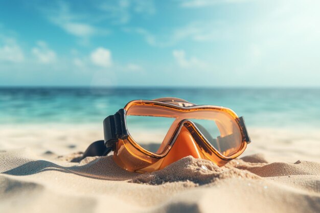 Scuba diving mask on a sandy island against blue ocean