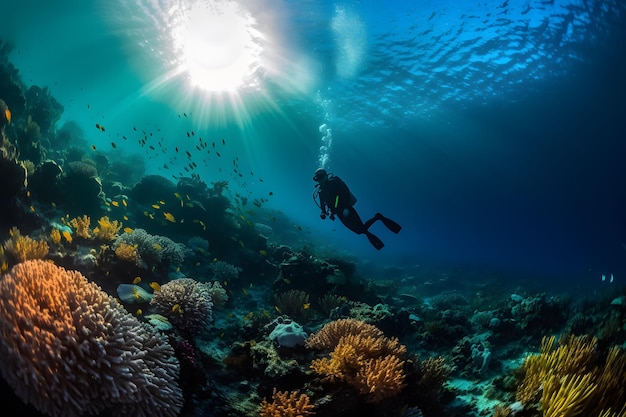 Scuba diving in tropical ocean coral reef sea under water Generative ai