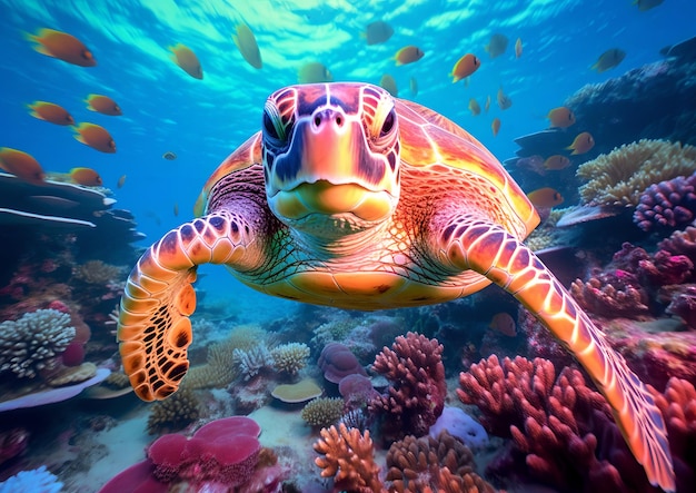 Scuba diving with a loggerhead turtle in coral reef