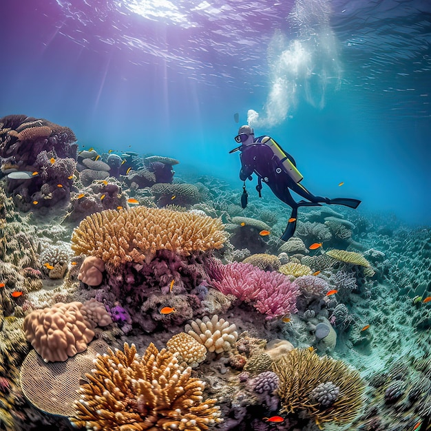 スキューバ ダイビング水中シーン美しい海洋生物スキューバ ダイバーがサンゴ礁を探索して楽しむ生成 AI イラスト