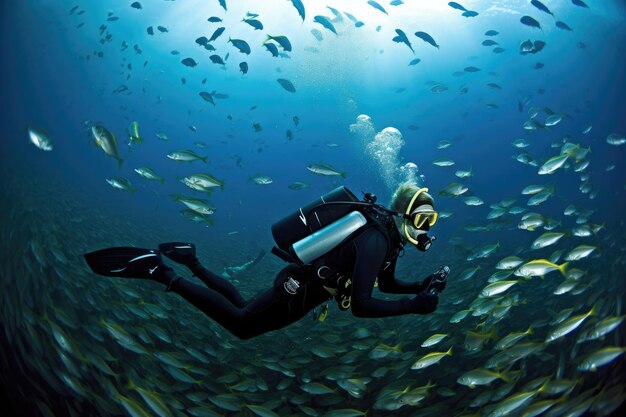 Scuba-duiker die tussen scholen vissen zwemt omringd door waterleven gecreëerd met generatieve ai