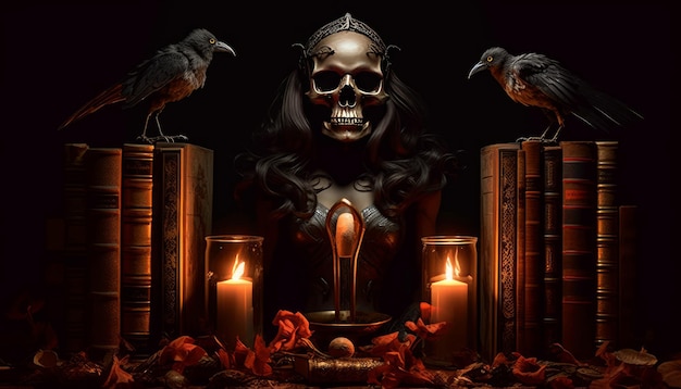 Premium Photo | A scull face woman doing black magic
