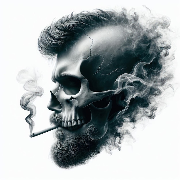 Photo a scull man smokes and blows out smoke isolated on white background