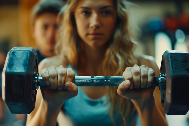 Photo sculpted duo crushing a dumbbell workout in gym class