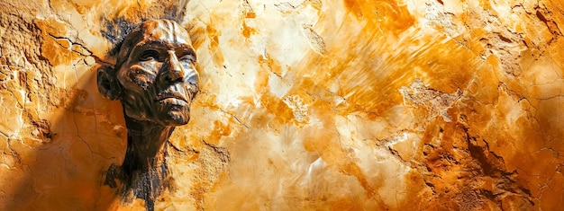 Sculpted face emerging from a textured golden cave wall blending the natural rock formation with a