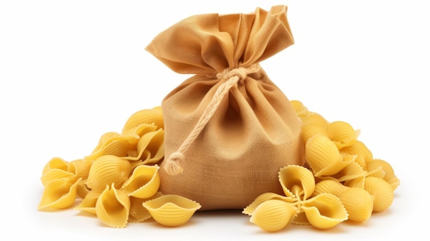 Photo sculpted pasta in brown bag on white background