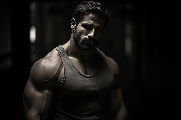 Sculpted Strength Captivating Grayscale Portrait of a Man in Sleeveless Shirt