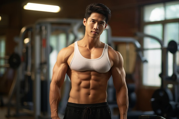 Sculpting Strength Witness the Chiseled Physique of an Asian Fitness Guru as he Masters Standing Du