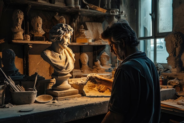 Скульптор создает шедевр в своей мастерской, созданной Ай.