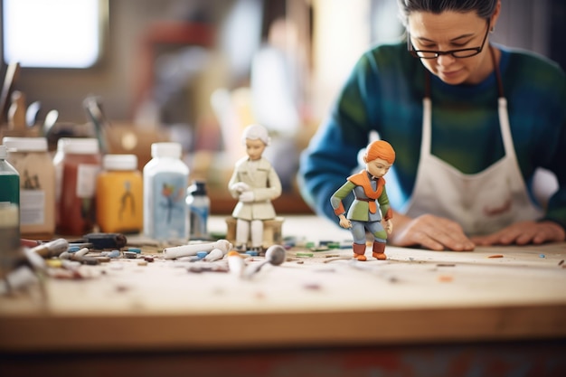 Photo sculptor modeling clay figurines at work table