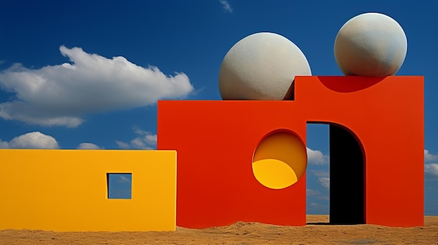 Photo sculptural geometry yellow and red buildings on a beach