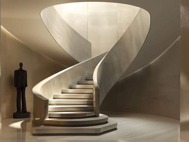 건축과 패션에서 아트 데코 미학을 구현하는 조각적인 계단 우아한 슈트 사진 렘브란트 조명 비네트 효과 전면 전망