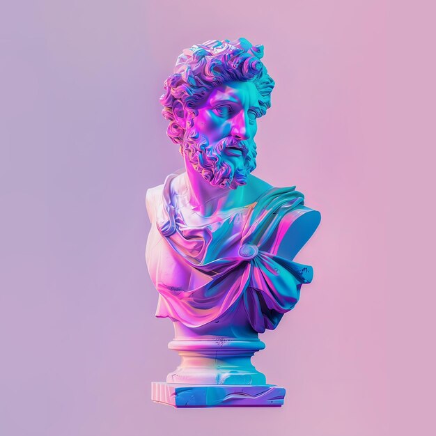 Foto scultura astratta di una divinità greca busto in stile vaporwave city pop