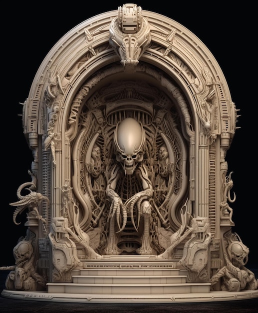 A sculpture of an alien in a space ship.