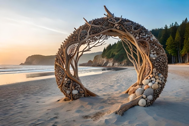 Foto una scultura su una spiaggia con l'oceano sullo sfondo
