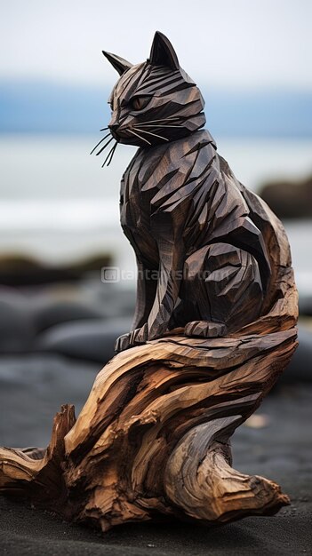 Photo a sculpture of a bird with a feather on its head sits on a piece of driftwood