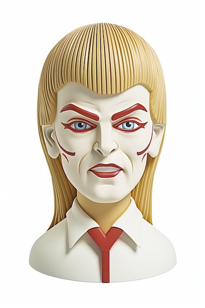 A sculpture of a blonde woman with red and blue face paint