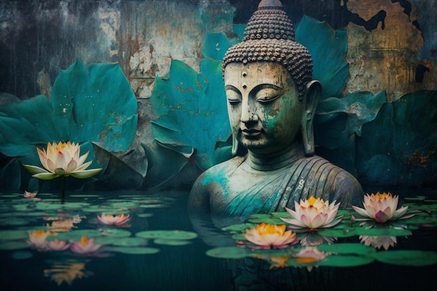 Sculpture of Buddha in the lake with lotuses The religion of Buddhism Nice poster Generative AI