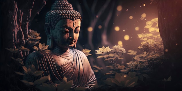 Sculpture of a Buddha in vibrant scene with bokeh lights background