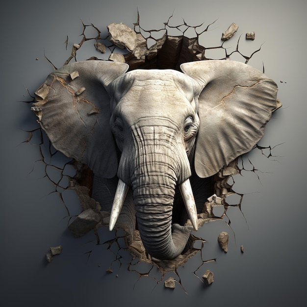写真 クラックされた象の頭をきれいな背景に描いた刻 野生動物 イラスト ジェネレーティブai