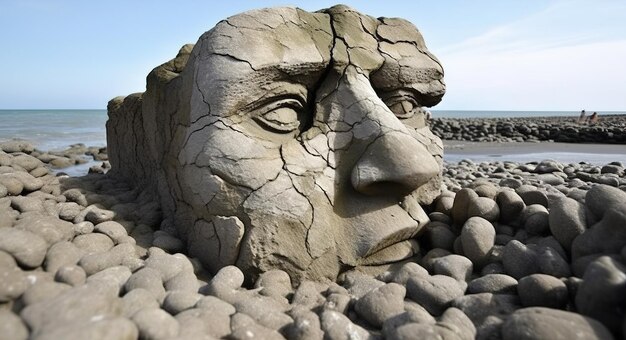 A sculpture of a face is seen on a beach.