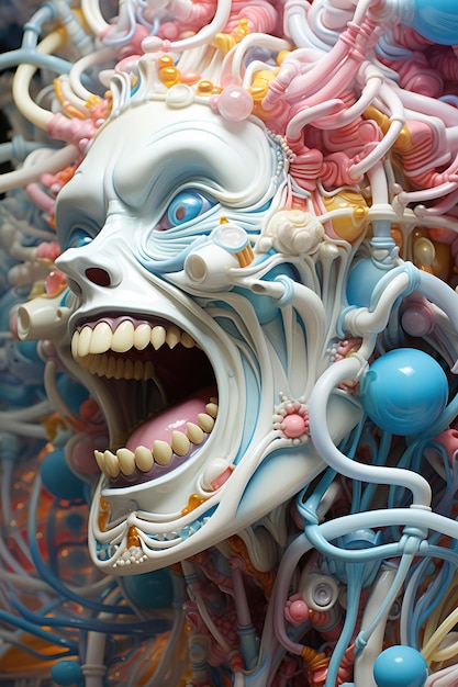скульптура лица с множеством разноцветных предметов