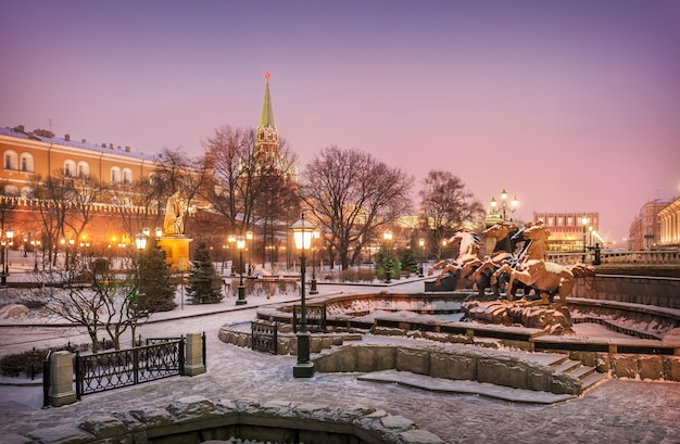 Sculpture of Four horses in the Alexander Garden in Moscow in a winter morning