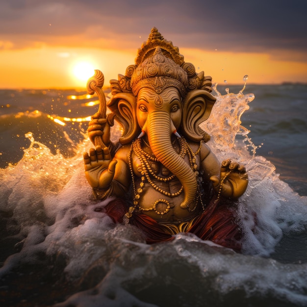 sculpture of ganesha at sea amidst waves at sunset generated by ai