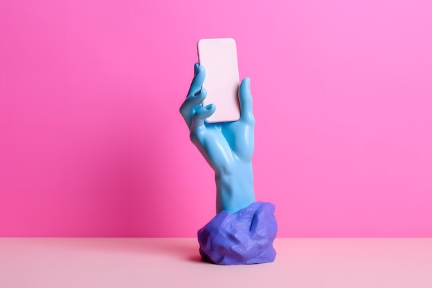 Рука скульптуры держит смартфон с белым экраном Арт-коллаж Мокап Нейбрутализм Стиль Y2k Генеративный искусственный интеллект