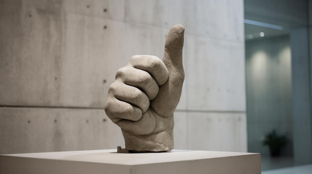 Sculpture of the Hand made of concrete shows the thumb The hand shows like in the museum Art objec
