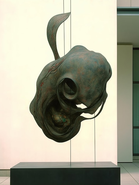 A sculpture hanging from a wall with a white wall behind it.