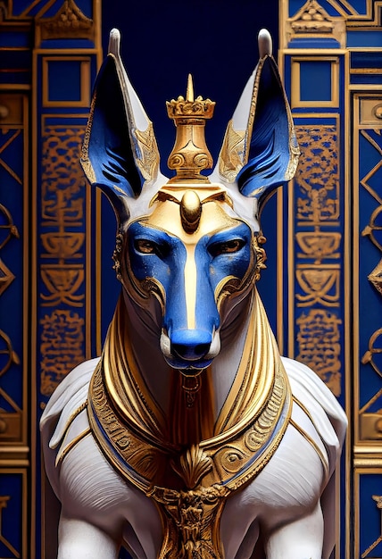 Sculpture of the head of Anubis. Portrait of the god Anubis made of gold and tiles. Generative AI