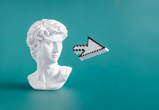 Sculpture head and bust of Michelangelo's David along with modern digital technology pixel pointer mouse cursor Minimal creative vaporwave concept