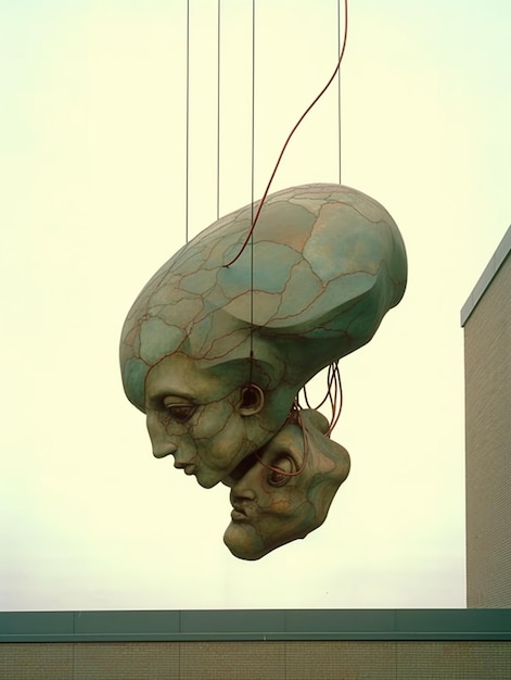 A sculpture of a head hanging from a building
