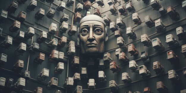 sculpture of a head surrounded by many boxes
