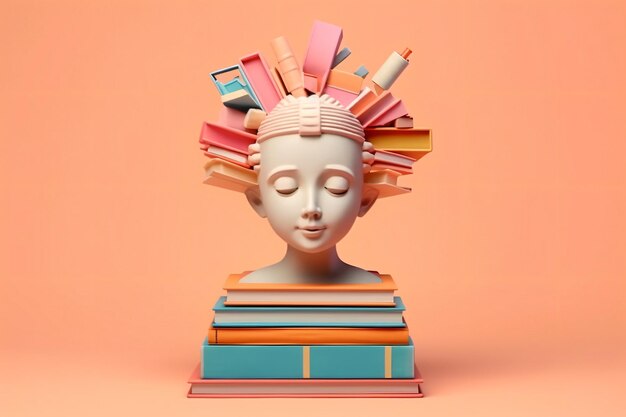 A sculpture of a head with a pencil on it